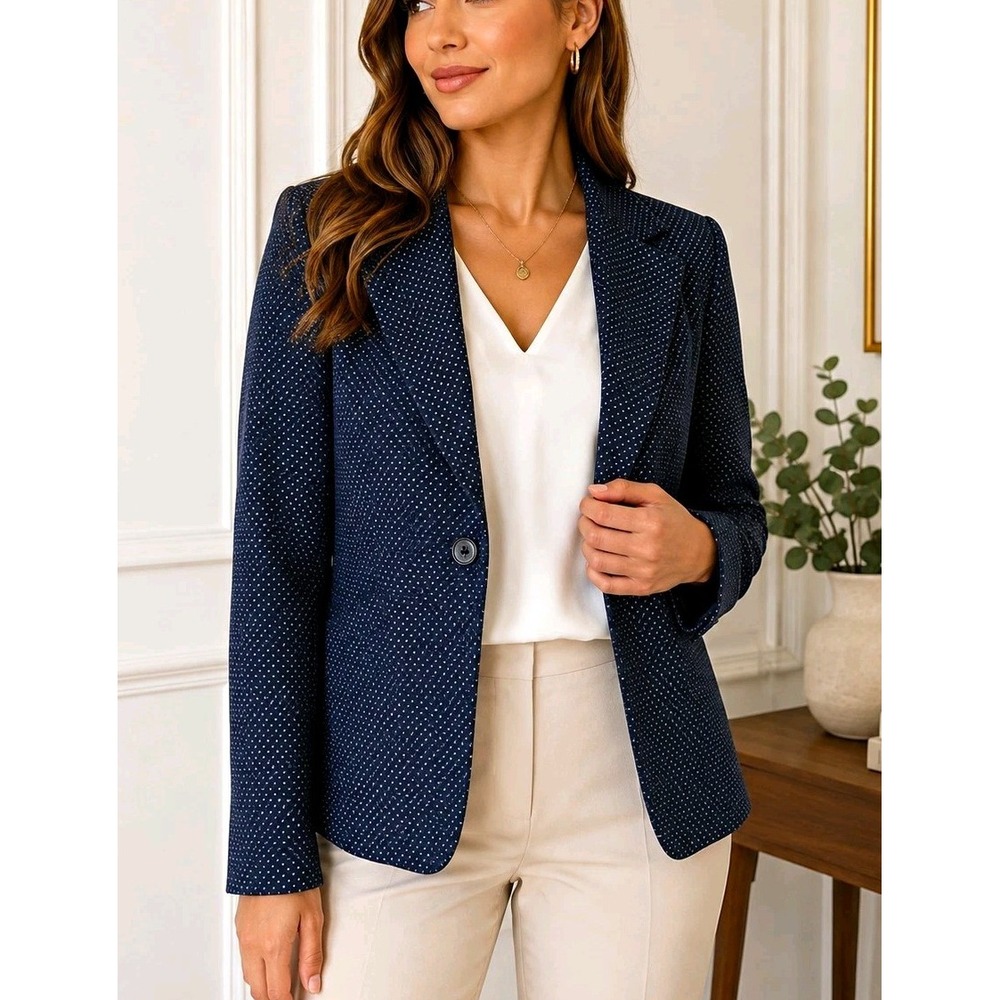 Karen Scott Navy White Geometric Blazer One-Button Lined Notch Lapel Sz 12